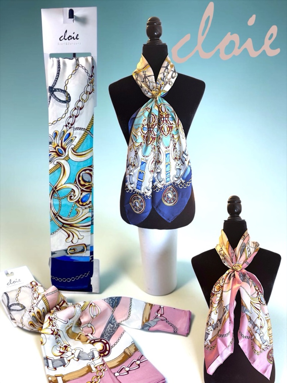 CLOIE Equestrian Chain & Belt Silk-Feel Square Scarfs — Pink & Blue